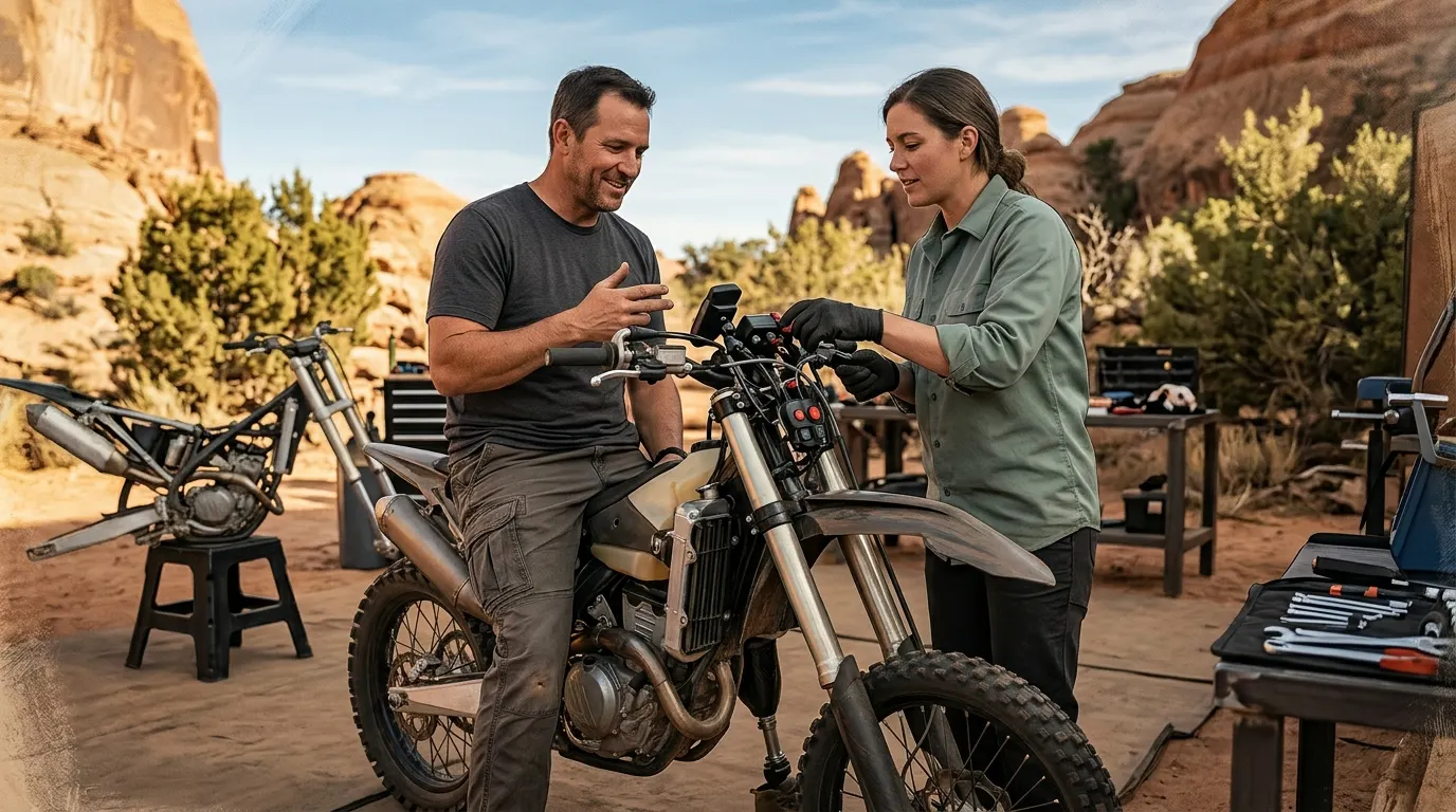 Rider and technician reviewing an adaptive motorcycle setup