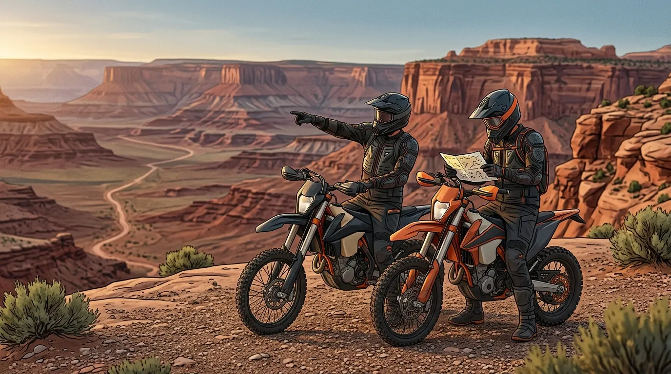 Two riders reviewing a trail plan in the desert