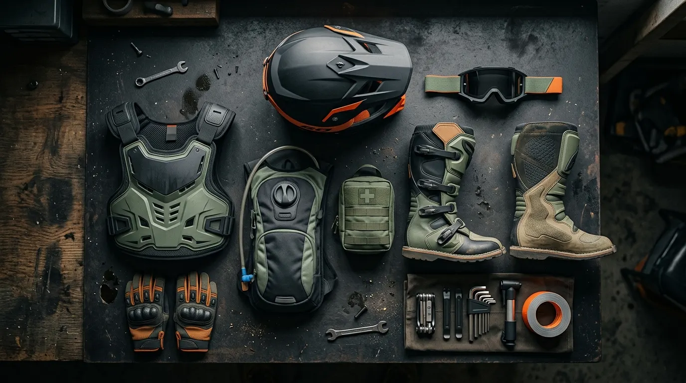 Organized off-road protective equipment and trail supplies