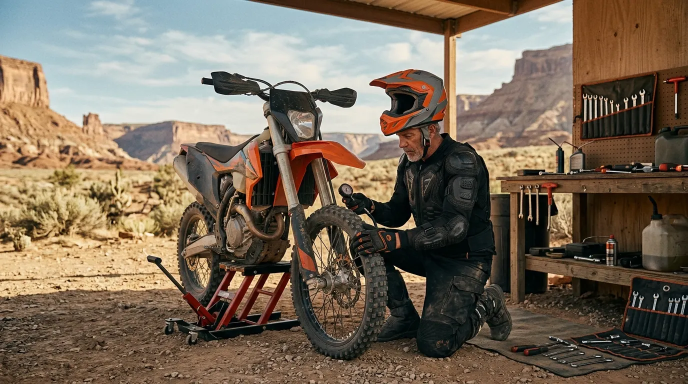 Rider checking a motorcycle on a secure stand