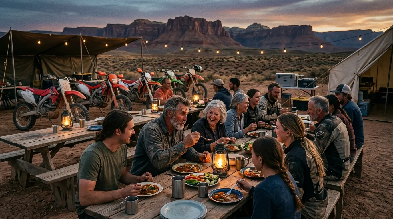 Riders and supporters sharing an evening meal at basecamp