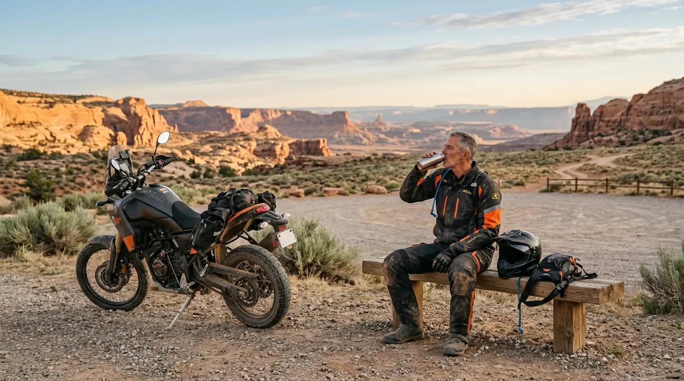 Rider taking a calm hydration break beside a parked motorcycle